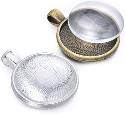 Sromay 30 Pieces Pendant Trays Round Bezel with 30 Pieces Glass Cabochon Round Dome Tiles for DIY Jewelry Making (Antique Bronze &amp; Silver)