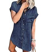 Zilcremo Women Summer Short Sleeve Denim Shirt Dress Jean Dresses Button Down Shirts Top Chambray...