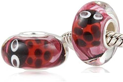 Sinebao Set of 2 Funny Ladybug Charm Murano Glass Ladybird Bead 925 Sterling Silver Core fit European Style Snake Bracelet (Red Ladybird Pink Background)