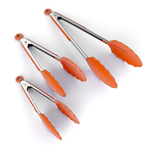 ChefStir Kitchen Tongs with Non Stick Silicone Tips - Stainless Steel, Heavy Duty, Multipurpose Set of 3 - 7, 9, 12 Inch - for Cooking, Baking and Grilling - Orange