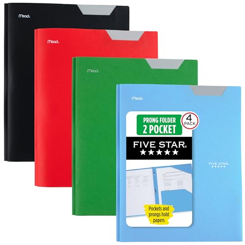Five Star Pasta com 2 bolsos, pacote com 4, pasta de plástico com abas fixas e fixadores de pinos, comporta papel de 21 cm x 28 cm, preto, vermelho fogo, verde floresta, azul pacĂfico (38048)