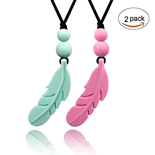Silicone Teething Pendant Necklace, Feather Sensory Chew Teether Toys and Shower Gift for baby Nursing Mom Autism & ADHD Childrens or Oral Motor Special Needs kids, Food Grade - 2Pack (Pink/Green)