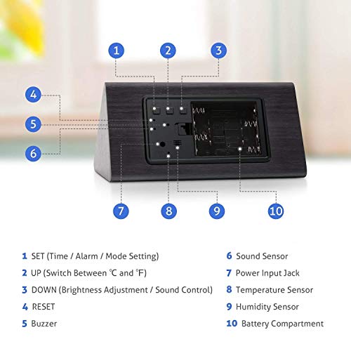 GEEKERS Wooden LED Clock with Triple Alarms, 3 Levels Brightness Dimmer, Big Digit Display Date, Temperature and Humidity for Home Bedrooms, Black - Thumbnail 7