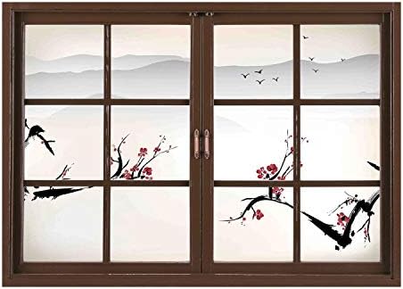 SCOCICI Wall Mural, Removable Sticker, Home Décor/Asian Decor,Japanese Nature Landscape with National Sakura Flower Over Himalayas and Flying Gulls,Beige Red Black/Wall Sticker Mural