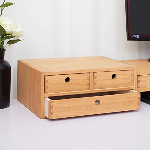 Natural Wood Desktop Storage Cabinet With 2 Slim Drawers & Metal Handles – Shallow Design For Organizing Papers, Files, & Office Supplies