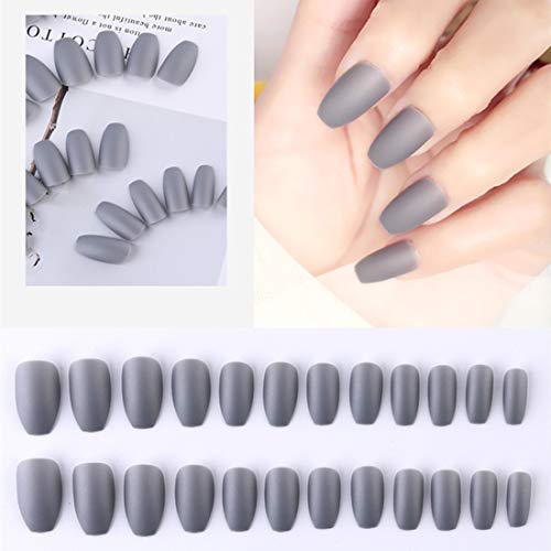 24pcs Pure Color Coffin Nails Matte False Gel Nails Art Tips Sets Full Cover Medium False Nails for Ballerina Cosplay Office Lady (Gray)