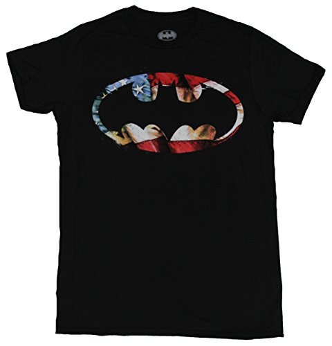Batman (DC Comics) Mens T-Shirt - Black Batman Logo Over American Flag Image (Extra Large) Black