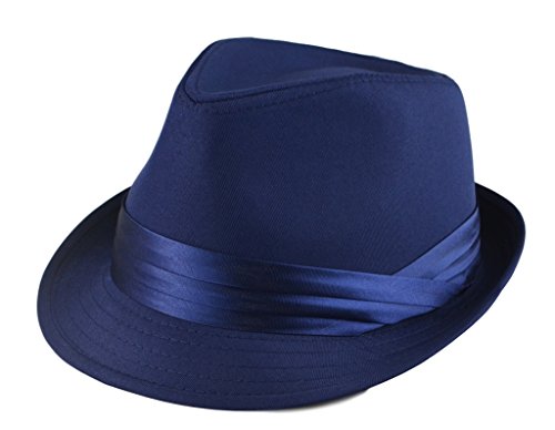 Mens Classic Fedora Plain Basic Solid Trilby Short Brim Hat S/M, L/XL AVL Navy ((L/XL) 23 in / 7 3/8 / 59cm)