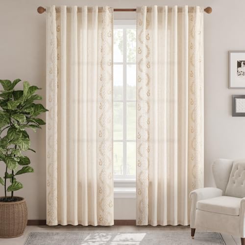 JINCHAN Linen Curtains for Bedroom Floral Curtains 84 Inch Length Linen Blend Beige Embroidered Drapes Farmhouse Flower Patterned Drapes for Living Room Window Treatments Set 2 Panels