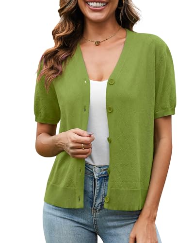VIISHOW Short Sleeve Lightweight Summer Cardigan for Women,Button Down Open Front V Neck Crochet Knit Cropped Bolero Shrugs,Tea Green,Large at Amazon
