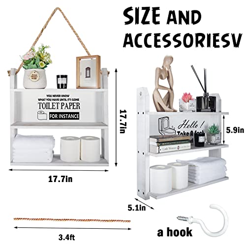 Over The Toilet Storage Shelf, Bathroom Rope Hanging Ladder Shelf 3 Tier Rustic Wall Mounted Farmhouse Wooden Shelves for Toilet Paper Holder Storage, Bottles Organizer, Restroom Decor (seat)