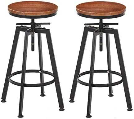 VILAVITA 2-Set Bar Stools, 26" to 32" Adjustable Height Swivel Counter Height Bar Chair, Retro Finish Industrial Style Wood Barstools