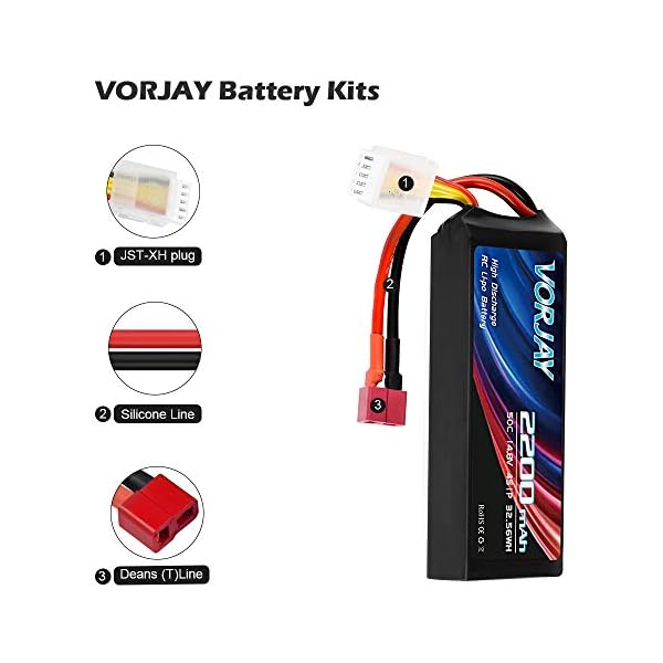 VORJAY 4S 14,8V Lipo RC Akku 50C 2200mAh Lipo Batterien mit Deans T und XT60 Stecker Batterie für RC LKW, RC Flugzeug… – Bild 3