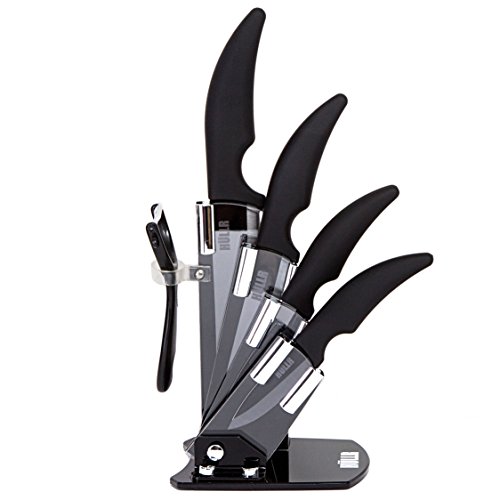 HULLR 6 Piece Black Ceramic Blade Kitchen Knife Set With Acrylic Stand - Mirror Finish