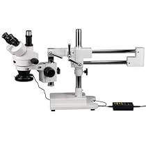 AmScope SM-4TZ-144A Professional Trinocular Stereo Zoom Microscope, WH10x Eyepieces, 3.5X-90X Magnification, 0.7X-4.5X Zoom Objective, Four-Zone LED Ring Light, Double-Arm Boom Stand, 110V-240V, Includes 0.5X and 2.0X Barlow Lens