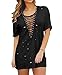 Imily Bela Women's Short Sleeve Mock Neck Lace Up Ripped T Shirt Dress Tops Tees,Black,Medium