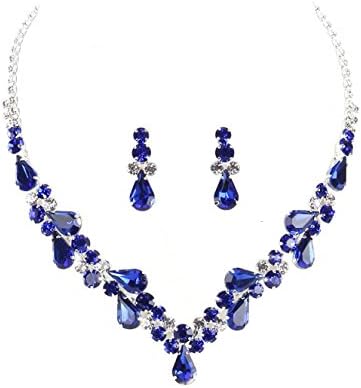 Clear and Blue Rhinestone Bib Necklace in Silver-Tone 14 Inch with Extender Plus Earrings