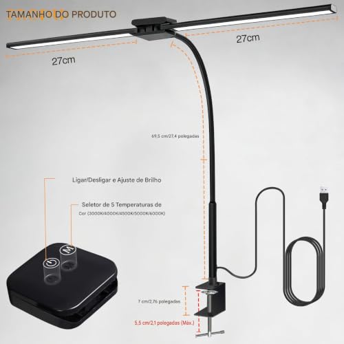 Luminaria de Mesa LED para Escritório e Casa, 5 Cores de Luz, 10 Níveis de Escurecimento, Proteção para os Olhos, USB, para Leitura e Estud