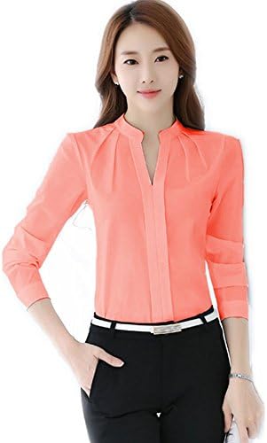 MENO Women's Casual Long Sleeves V-neck Shirts Lady Chiffon Tops Blouses (XL, Red)