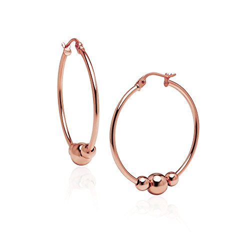 Rose Gold Flashed Sterling Silver 28mm Round Beaded Hoop Earrings