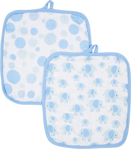 MiracleWare Natural Cotton Muslin Baby Washcloths or Wipes, 2 Count,
Double Layers, Extra Large Blue Elepants and Polka Dots