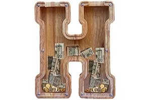 YWMSGM Large Piggy Bank for Kids Boys Girls, Personalized Wooden Letter Piggy Bank with Cut-Out Design, Alphabet Letter Coin Banks, Money Savings Box,Birthday Present for Kids Adults and Home Decoration (H)
