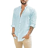 JEKAOYI Mens Summer Casual Long Sleeve Cotton Linen Shirts Button Up Solid Plain Roll-Up Sleeve Beach T Shirts