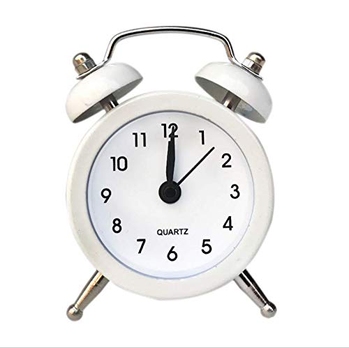 SHISI Mini alarm clock cute cartoon round portable metal clock family travel and exam alarm ticking (white)