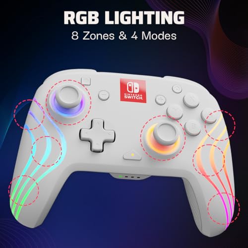 PDP Afterglow Wave Wireless Pro Controller with Full Motion for Nintendo Switch, Nintendo Switch - OLED Model, 8 RGB LED Lighting Zones, 30 Foot Range, 20 Hour Rechargeable Battery White 2