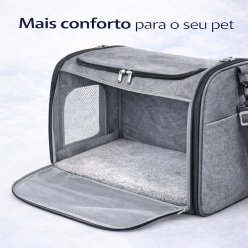 Bolsa de Transporte para Pets Grande em Poliéster com Tela Respirável, Cinza, 45x31x28cm, Aprovada para Avião, com Tapete Almofadado e Alça Ajustável