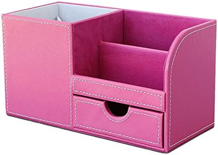 Multi-function Fashion Desk Stationery Organizer Storage Box Wooden Struction Leather Pen/Pencil ,Cell Phone, Business Name Cards Remote Control Holder (Hot Pink)