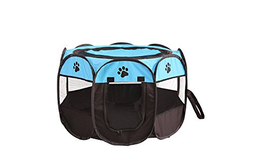 UNFADE MEMORY Portable Foldable Pet Playpen, Indoor/Outdoor, Dog/Cat/Puppy Exercise pen Kennel, Removable Mesh Shade Cover, dog pop up silhouettes pet pen - Blue, M