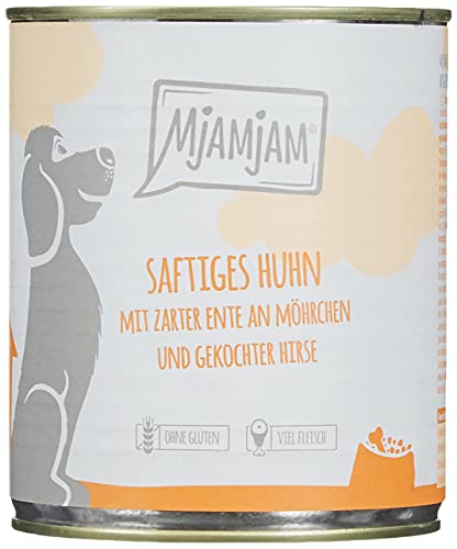 MjAMjAM - premium wet food for dogs - juicy chicken with tender duck on carrots and boiled millet, pack of 6 (6 x 800 g), natural with extra meat