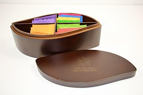 Luxurious and Exclusive Indianteacompany ITC Large Leaf Shaped Tea Chest Box 4 Compartment, Dark Wood Finish, Comes with 32 Twinings teas. Caddy