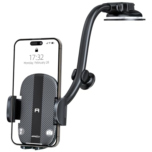 APPS2Car Cell Phone Holder for Car Dashboard Windshield Phone Mount for Car Long Arm Car Phone Holder Mount Strong Suction Cup Anti-Shake Stabilizer Compatible for iPhone, Samsung, All Smartphones