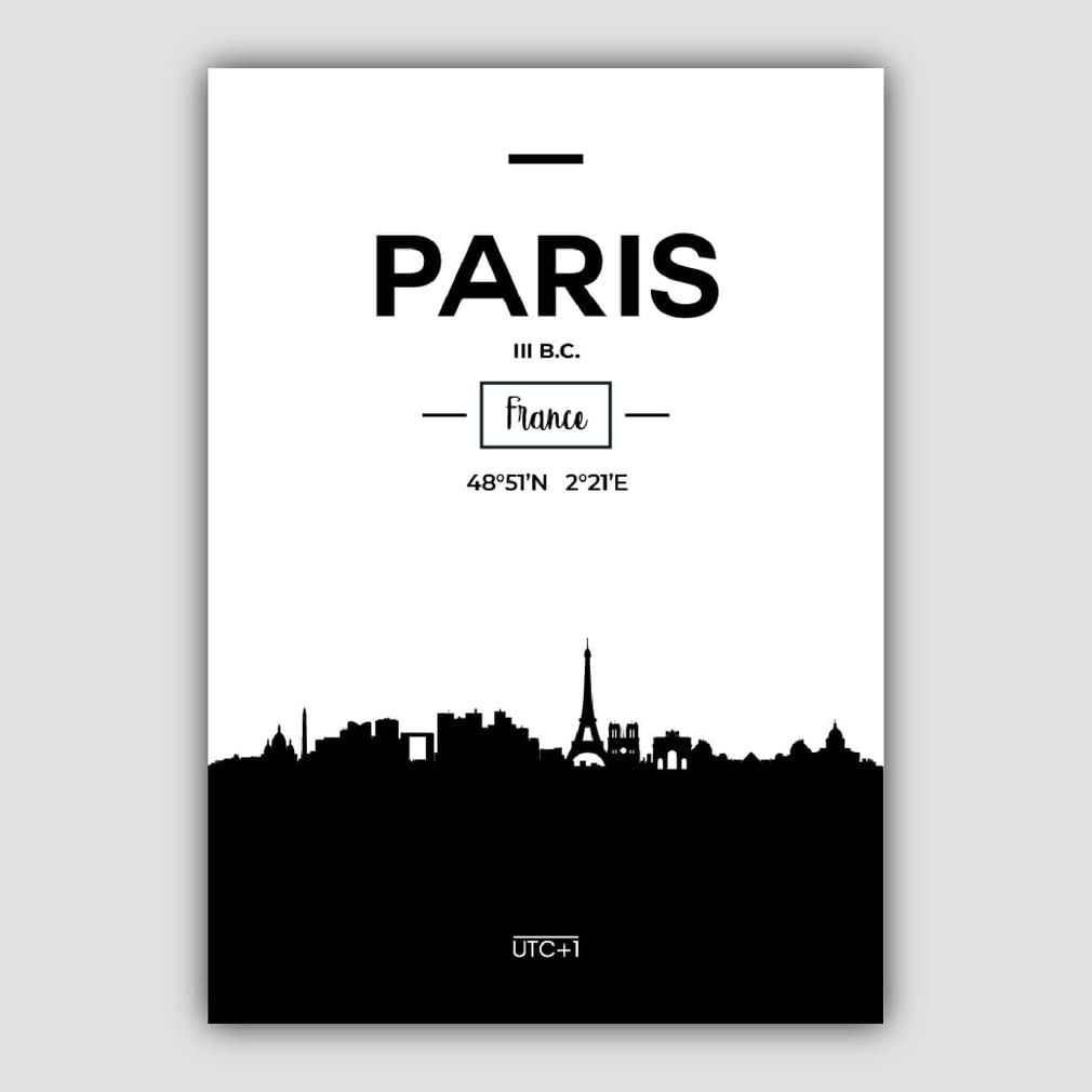Artze Wall Art Paris Watercolour Skyline Cityscape Print, 40 cm Width x 50 cm Height, Black/Grey/White