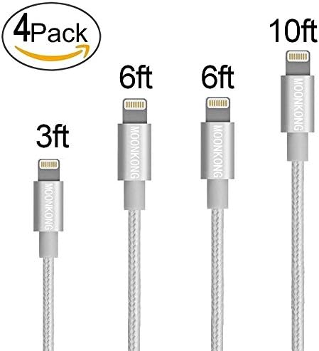 MoonKong PowerLine MFi Certified, iPhone Charger 4Pack 3/6/6/10FT Nylon Braided 8 pin Charging Cables USB Charger Cord,Lighting cable for iPhoneX/8/7/7Plus/6s/6sPlus/6/6Plus/5/5S/ iPad and iPod(white)