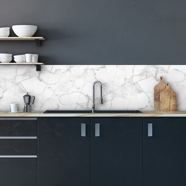 CREARREDA Kitchen Splashback Panel, Wall Sticker, Easy to Apply White Marble 260 x 60 cm, 100% Made in Italy, Fireproof and Water Resistant Splash Guards PVC Sink