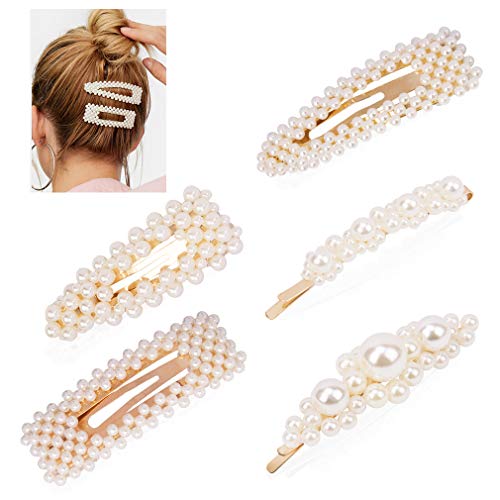 Cubaco Pearls Hair Clips for Women Wedding Bridal,Hair Barrettes Hair Pins 5 Pack Gold Different Shapes Clip Hair Styling Tools Accessories for Women Gifts