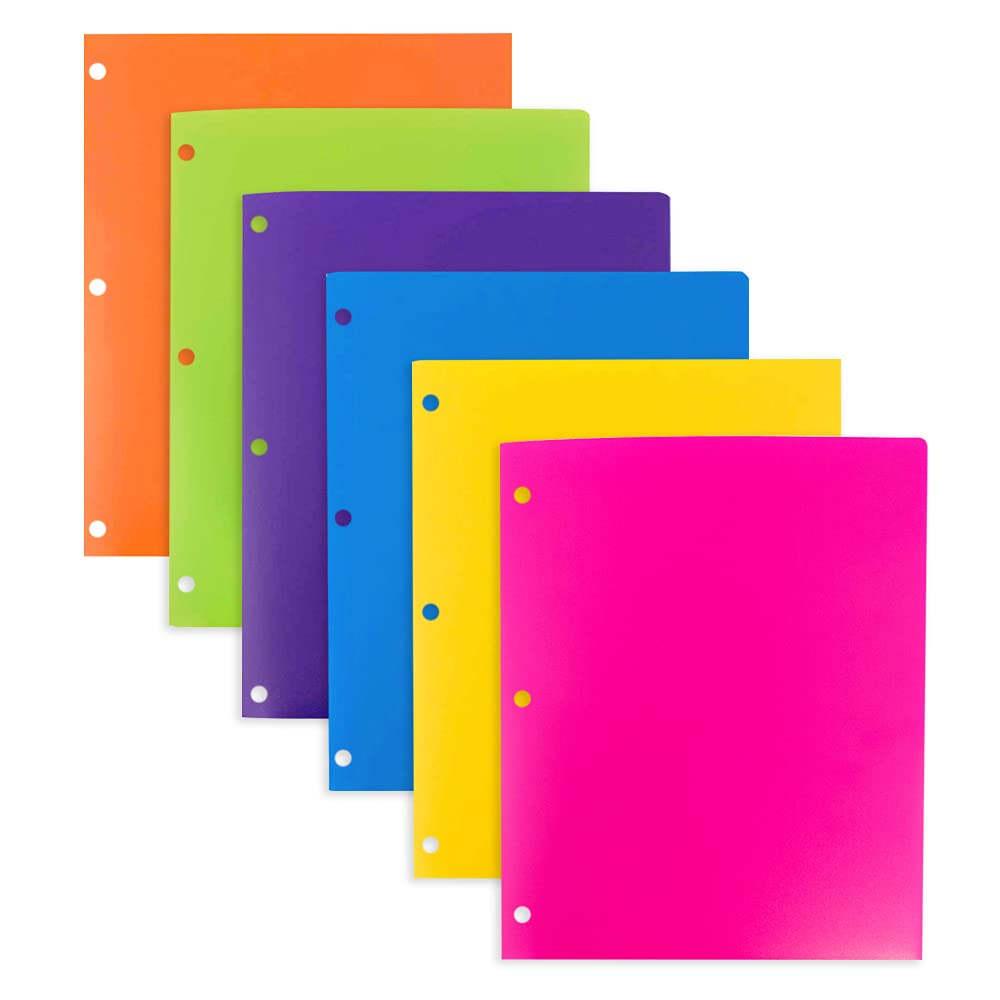 JAM PAPER Heavy Duty Plastic 3 Hole Punch School Folders with Pockets - Assorted Fashion Colors - 6/Pack