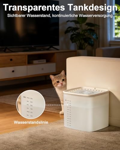 Drinking Fountain for Cat, 3 L Cat Fountain, Quiet Water Pump, Cat Drinking Fountain, Transparent Water Tank with Water Level Indicator, Water Fountain for Cats, Easy to Clean, Includes 2 Filter