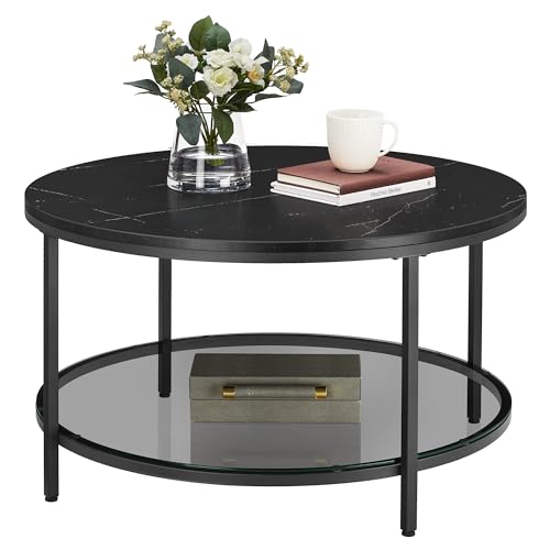VASAGLE Couchtisch, Wohnzimmertisch, Sofatisch, für Wohnzimmer, mit Glasplatte, viel Stauraum, einfacher Aufbau, moderner Stil, marmorschwarz-tintensc
