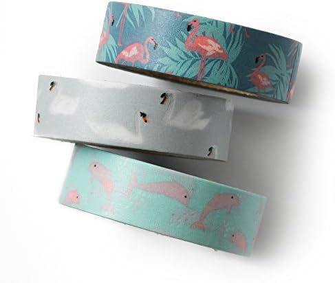 Premium Washi Tape Set for DIY, Scrapbook, Planner, Gift Wrapping, Packaging - Love My Tapes 5/8 Inch Width x 32.8 Foot Length 3 Whole Rolls (Flamingo)