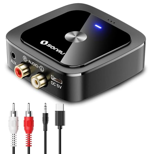 SONRU Bluetooth 6.0 Receiver, HiFi Wireless Audio Adapter with Low Latency, 24-Hour Battery Life, 3.5mm Jack AUX & RCA Output, Aux to Bluetooth Adapter for Speakers/Car/Home Stereo