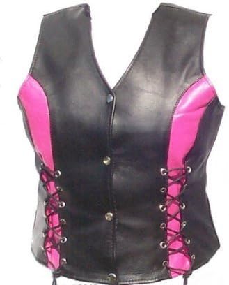The Nekid Cow Womens Naked Premium Leather Motorcycle Biker Ladies Vest with Front Lacing Pink Accents - Satin Lined, Leightweight, Women, Ladies Riding Beautiful Vest (2X, Black/Pink)