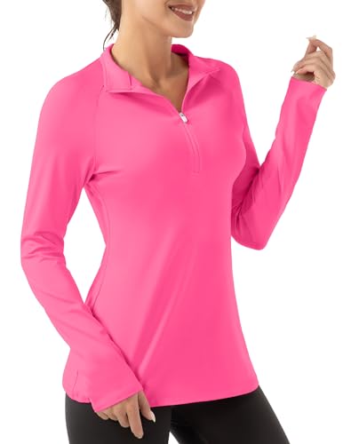FKEEP Women's Polo Shirts Long Sleeve UPF 50+ Sun Protection Tennis Golf Workout Tops Sport Zipper V Neck (Neon Pink, 3XL) at Amazon