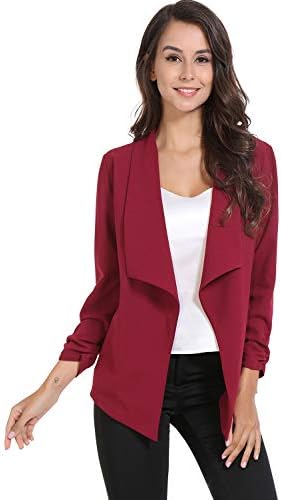 Casual Open Front Blazer for Women Work Office Business Jacket Ruched 3/4 Sleeve Lightweight Draped Cardigan