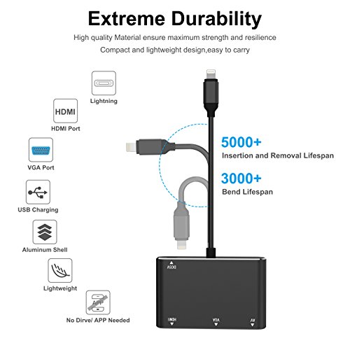 Lightning to HDMI VGA Adapter,Valoin 4 in 1 Plug and Play Lightning to HDMI VGA AV Converter Adapter for iPhone X/8/8 Plus/7/7Plus/6/6s/6s Plus//5/5s iPad iPod to Projector HDTV - Thumbnail 5