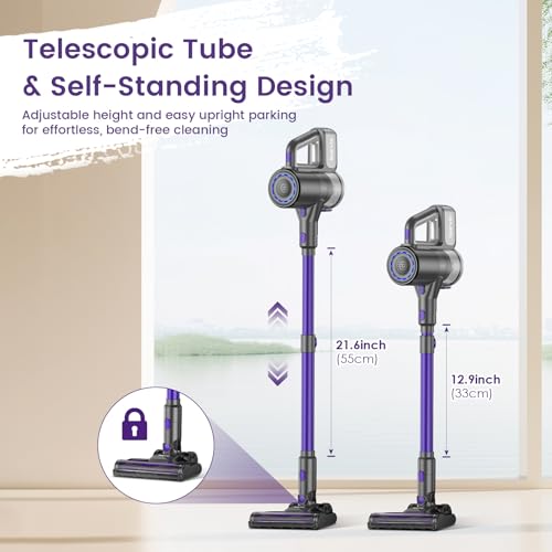 Suirviz Cordless Vacuum Cleaner, 40KPA/500W/35Mins, Powerful Suction with Green LED Dust Detection, Stick Vacuum Self-Standing, Lightweight Handheld Vacuum for Pet Hair, Carpet & Hard Floor, Purple