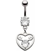 Pierced Owl 14GA 316L Stainless Steel Heart Outline with CZ Crystal Antlers Dangling Belly Button Ring